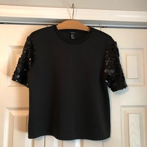 Black Sequin Sleeve Top
